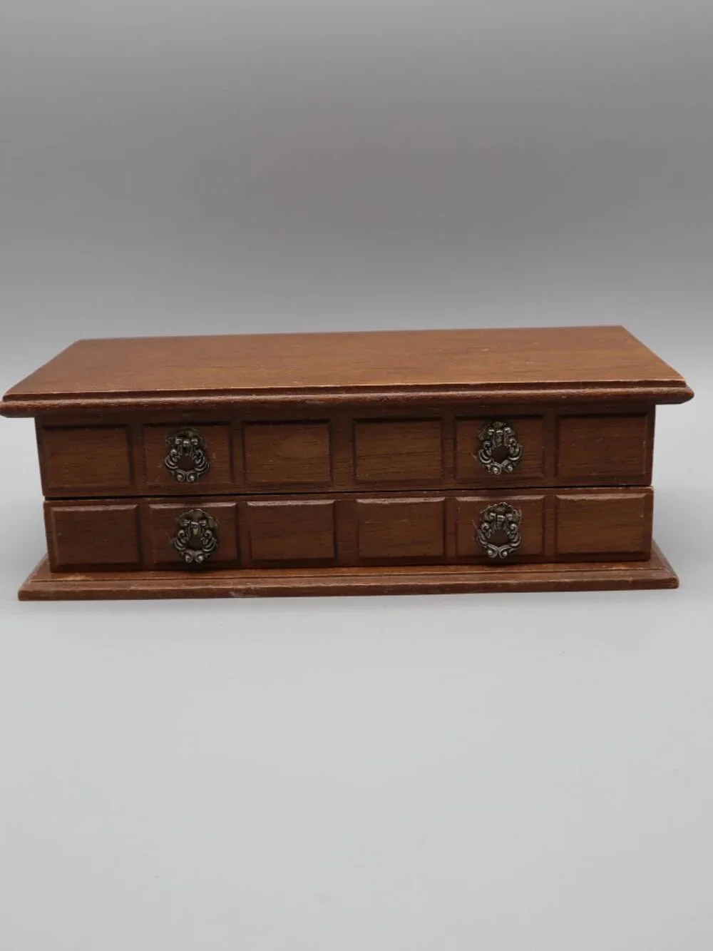 Vintage Wooden Jewelry Organizer Box w/ Mirror Velvet Lined Metal Hardware 11